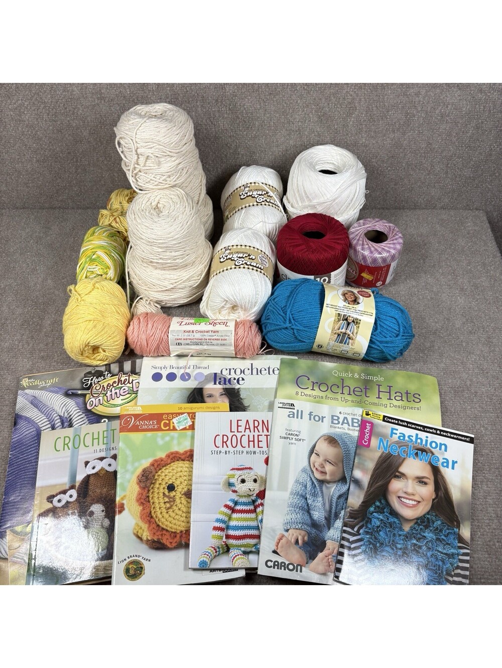Lot of  Assorted Crochet Threads Mixed Colors Cotton & Pattern Books New & Used